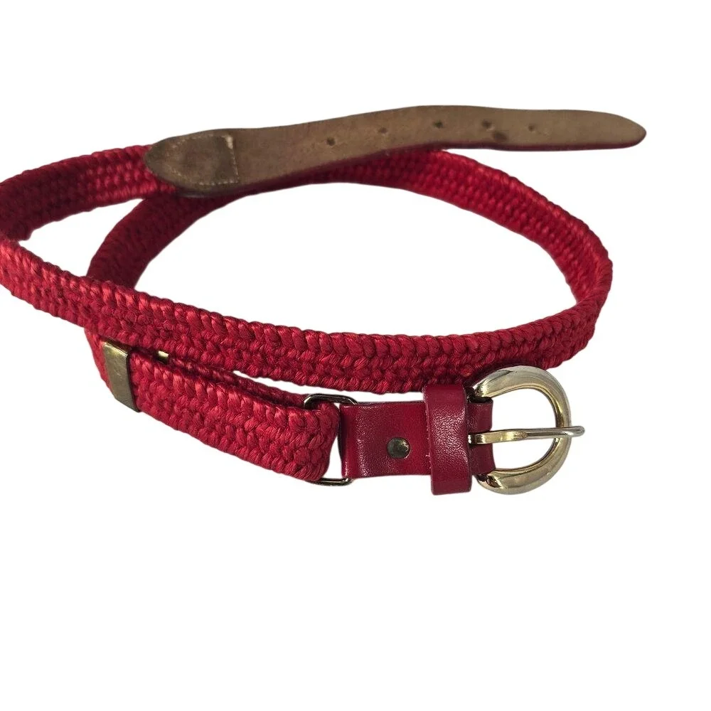 Vintage Red Woven Braided Skinny Belt Gold Horseshoe Buckle Adjustable Cinch‎